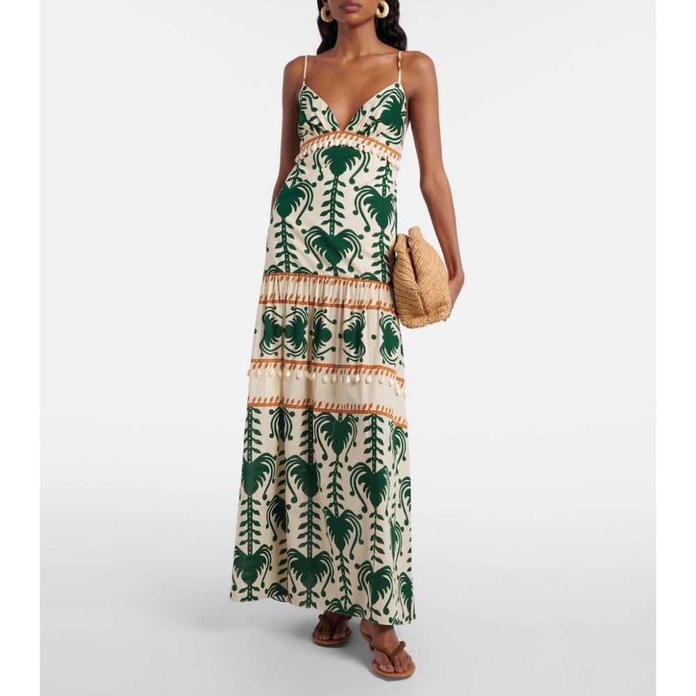 NEW Johanna Ortiz Keeper Maxi Dress (Sz 2) Shell Trim Cotton Poplin Ecru Green - Picture 2 of 16